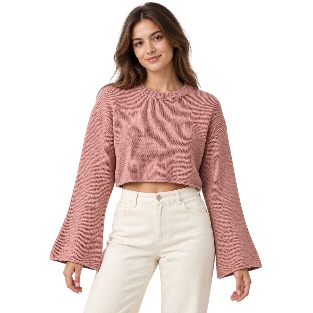 Sablyn 100% Cashmere Cropped Crew Neck Sweater Rose Pink XS Flare Sleeve